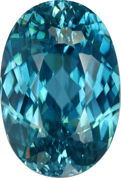 Oval cut blue zircon, 11.61 by 7.91 mm, shown at actual size