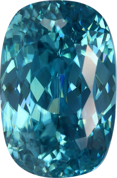 Cushion cut blue zircon, 11.02 by 7.29 mm, shown at actual size