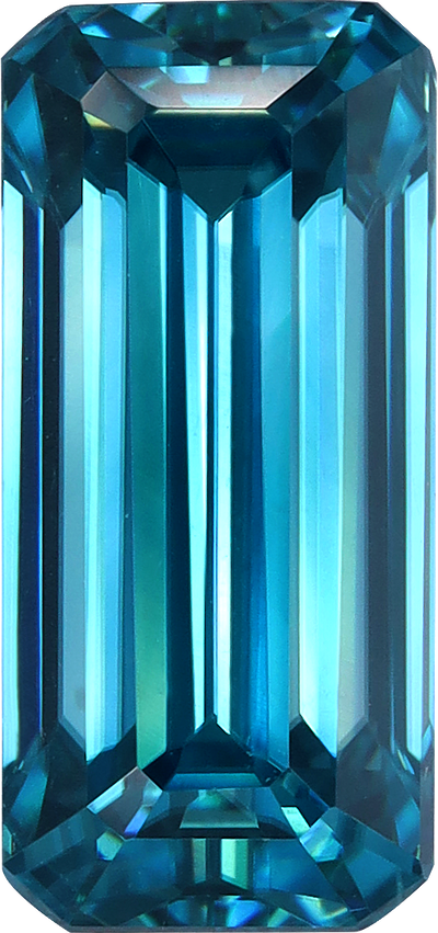 Rectangular cut blue zircon, 10.6 by 4.99 mm, shown at actual size