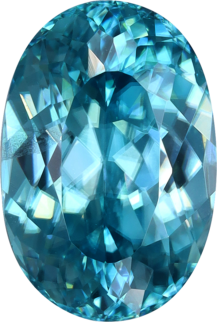 Oval cut blue zircon, 9.95 by 6.66 mm, shown at actual size