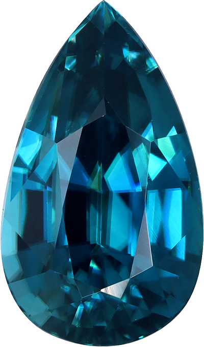 Pear cut blue zircon, 11.55 by 6.88 mm, shown at actual size