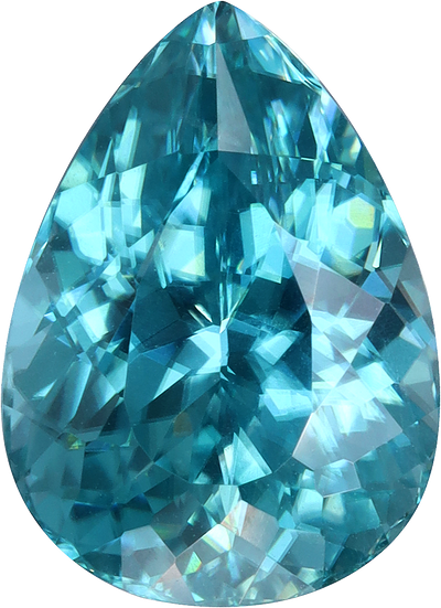 Pear cut blue zircon, 11.14 by 8.12 mm, shown at actual size