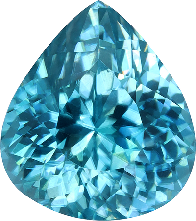 Pear cut blue zircon, 9.57 by 8.55 mm, shown at actual size