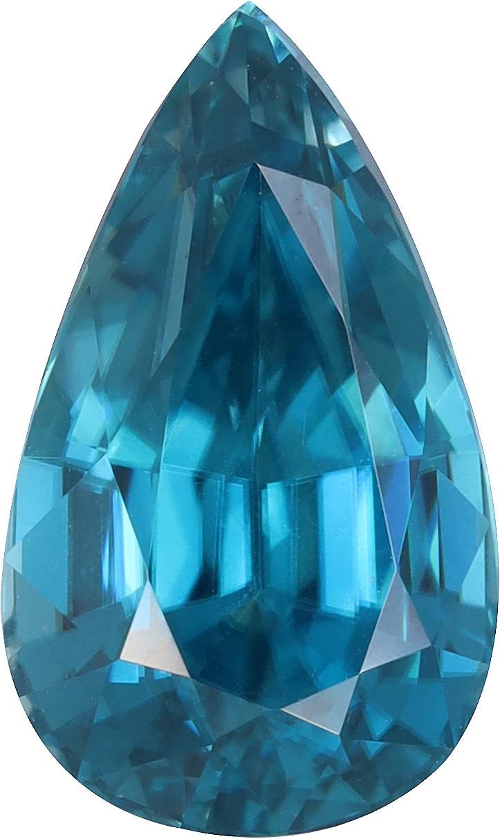 Pear cut blue zircon, 11.33 by 6.79 mm, shown at actual size