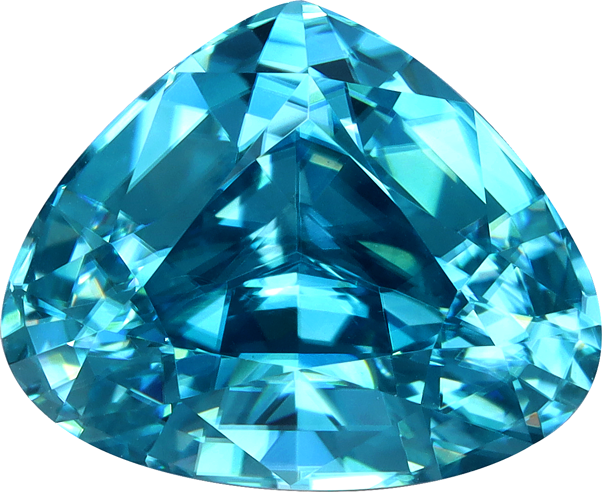 Pear cut blue zircon, 9.08 by 11.15 mm, shown at actual size