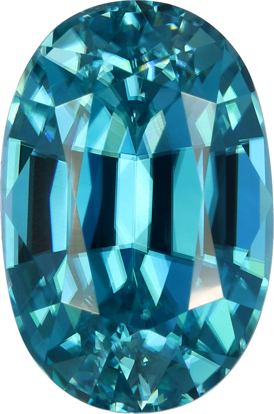Oval cut blue zircon, 10.45 by 6.92 mm, shown at actual size