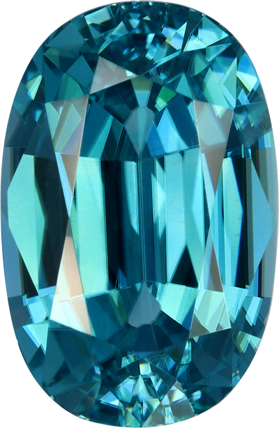 Oval cut blue zircon, 10.69 by 6.97 mm, shown at actual size