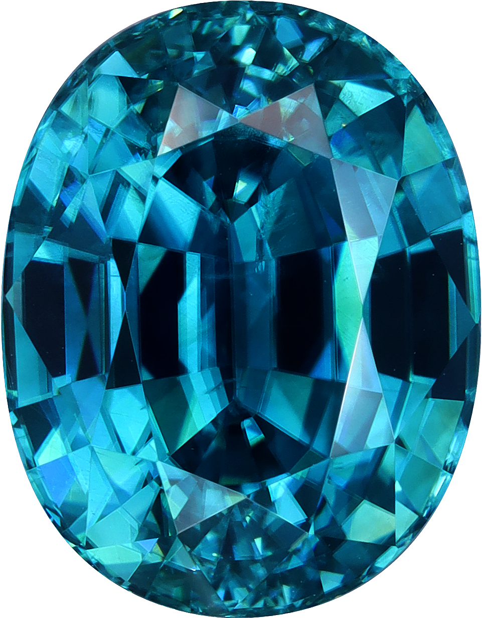 Oval cut blue zircon, 11.68 by 9.09 mm, shown at actual size