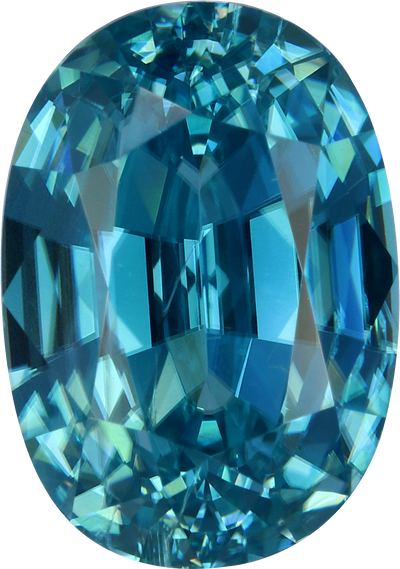 Oval cut blue zircon, 10.36 by 7.29 mm, shown at actual size