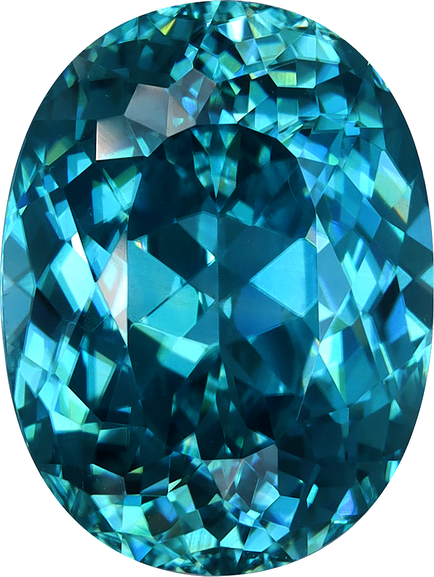 Oval cut blue zircon, 10.91 by 8.24 mm, shown at actual size