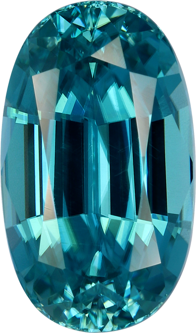 Oval cut blue zircon, 10.93 by 6.45 mm, shown at actual size