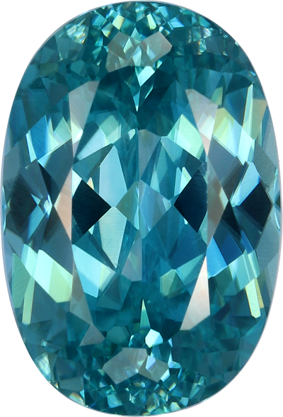 Oval cut blue zircon, 10.52 by 7.14 mm, shown at actual size