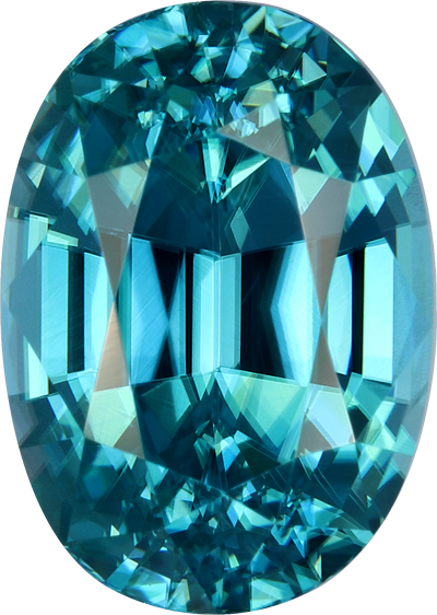 Oval cut blue zircon, 9.92 by 7.07 mm, shown at actual size