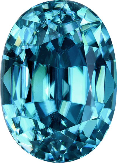 Oval cut blue zircon, 10.15 by 7.34 mm, shown at actual size