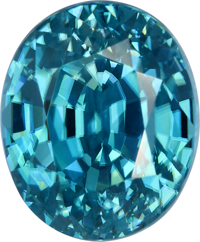 Oval cut blue zircon, 8.59 by 7.17 mm, shown at actual size