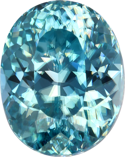 Oval cut blue zircon, 9.27 by 7.3 mm, shown at actual size