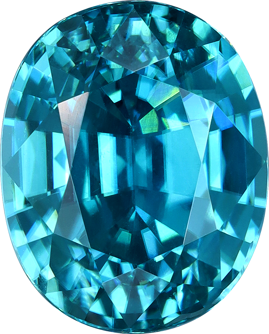Oval cut blue zircon, 10.02 by 8.09 mm, shown at actual size