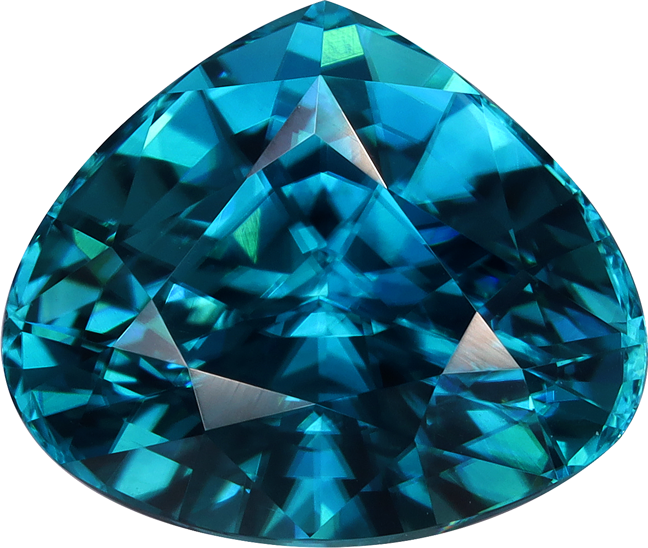 Pear cut blue zircon, 10.02 by 11.75 mm, shown at actual size