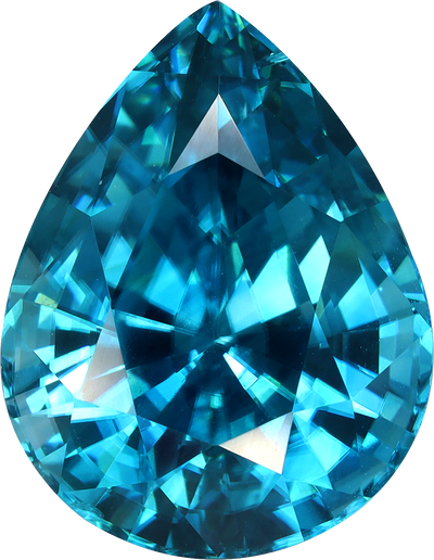 Pear cut blue zircon, 13.16 by 10.25 mm, shown at actual size