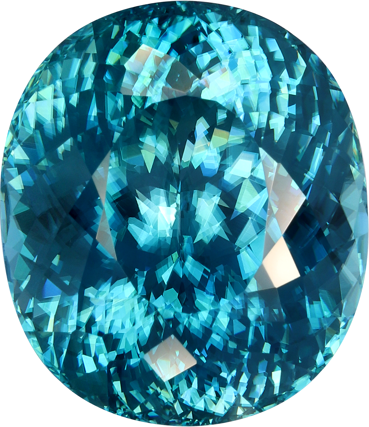 Oval cut blue zircon, 16.32 by 14.14 mm, shown at actual size