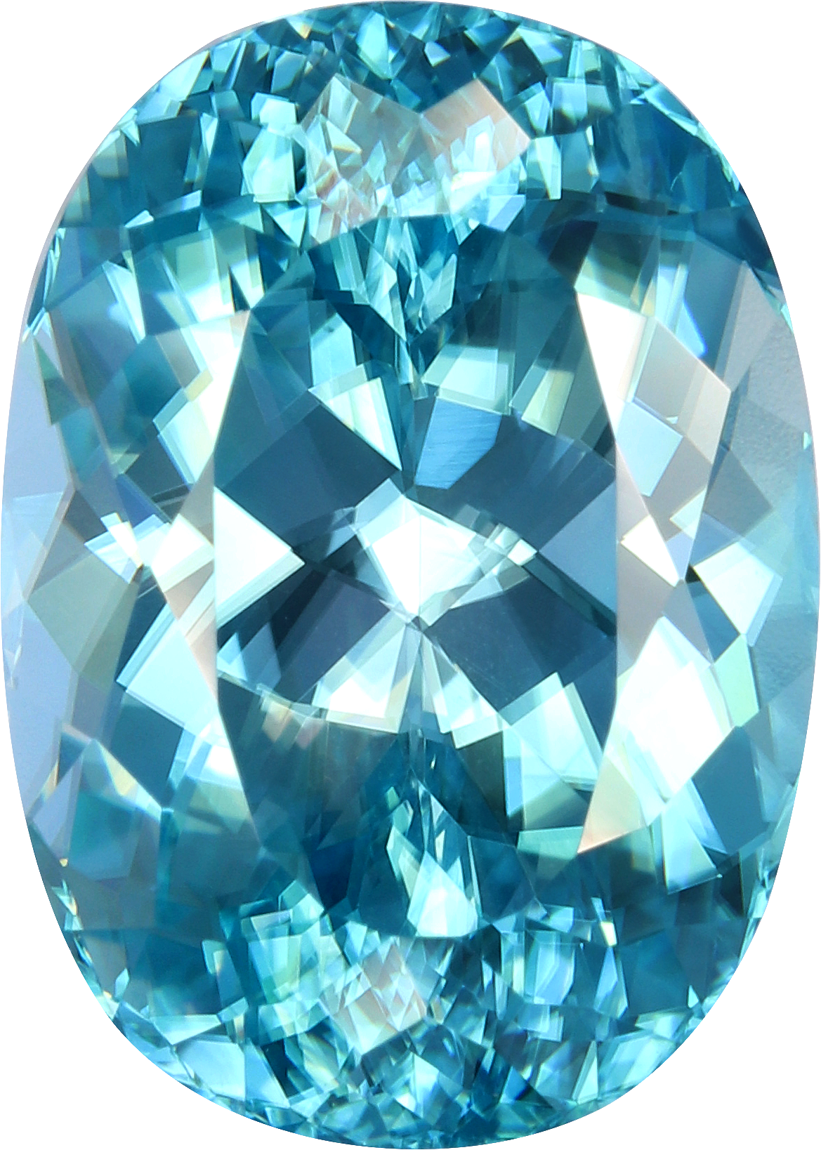 Oval cut blue zircon, 12.49 by 9.07 mm, shown at actual size