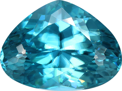 Pear cut blue zircon, 14.62 by 11.01 mm, shown at actual size