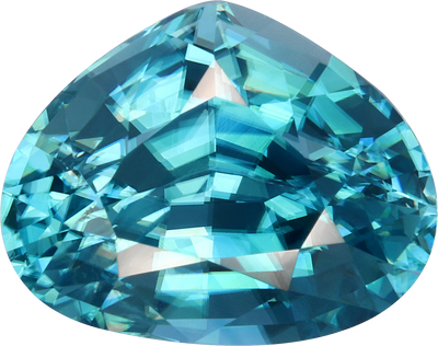 Pear cut blue zircon, 12.05 by 9.44 mm, shown at actual size