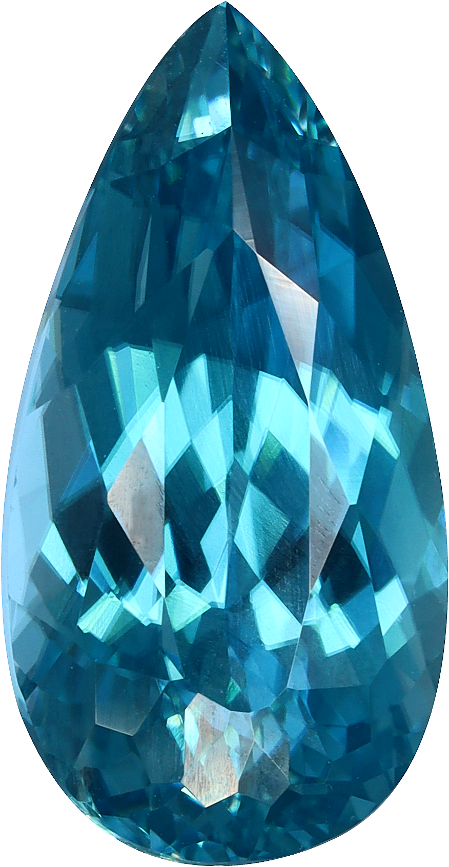 Pear cut blue zircon, 14.65 by 7.68 mm, shown at actual size