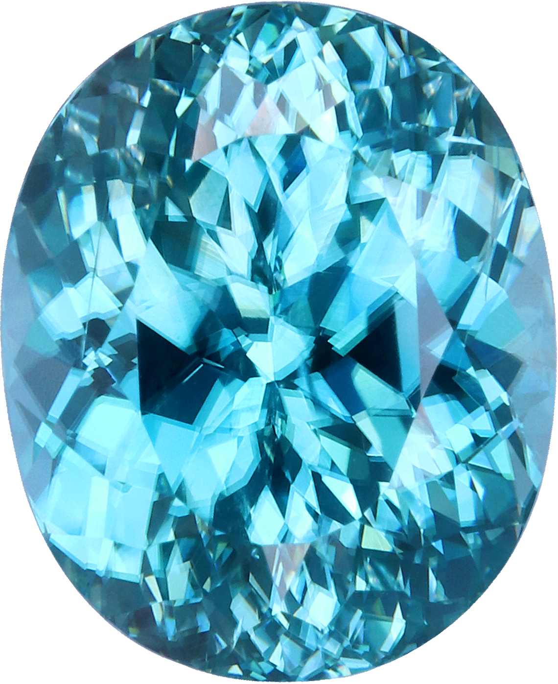 Oval cut blue zircon, 10.52 by 8.6 mm, shown at actual size