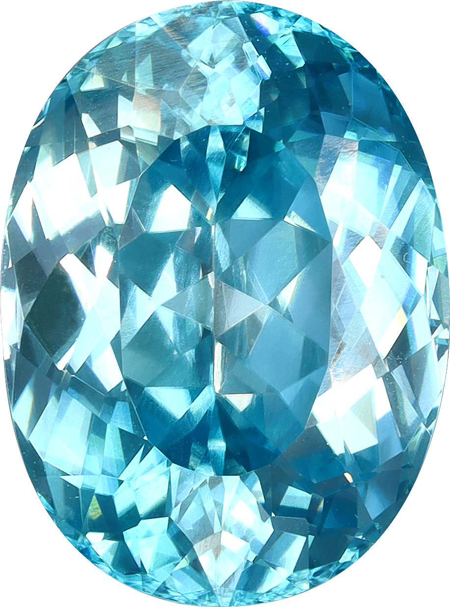 Oval cut blue zircon, 13.58 by 10.1 mm, shown at actual size