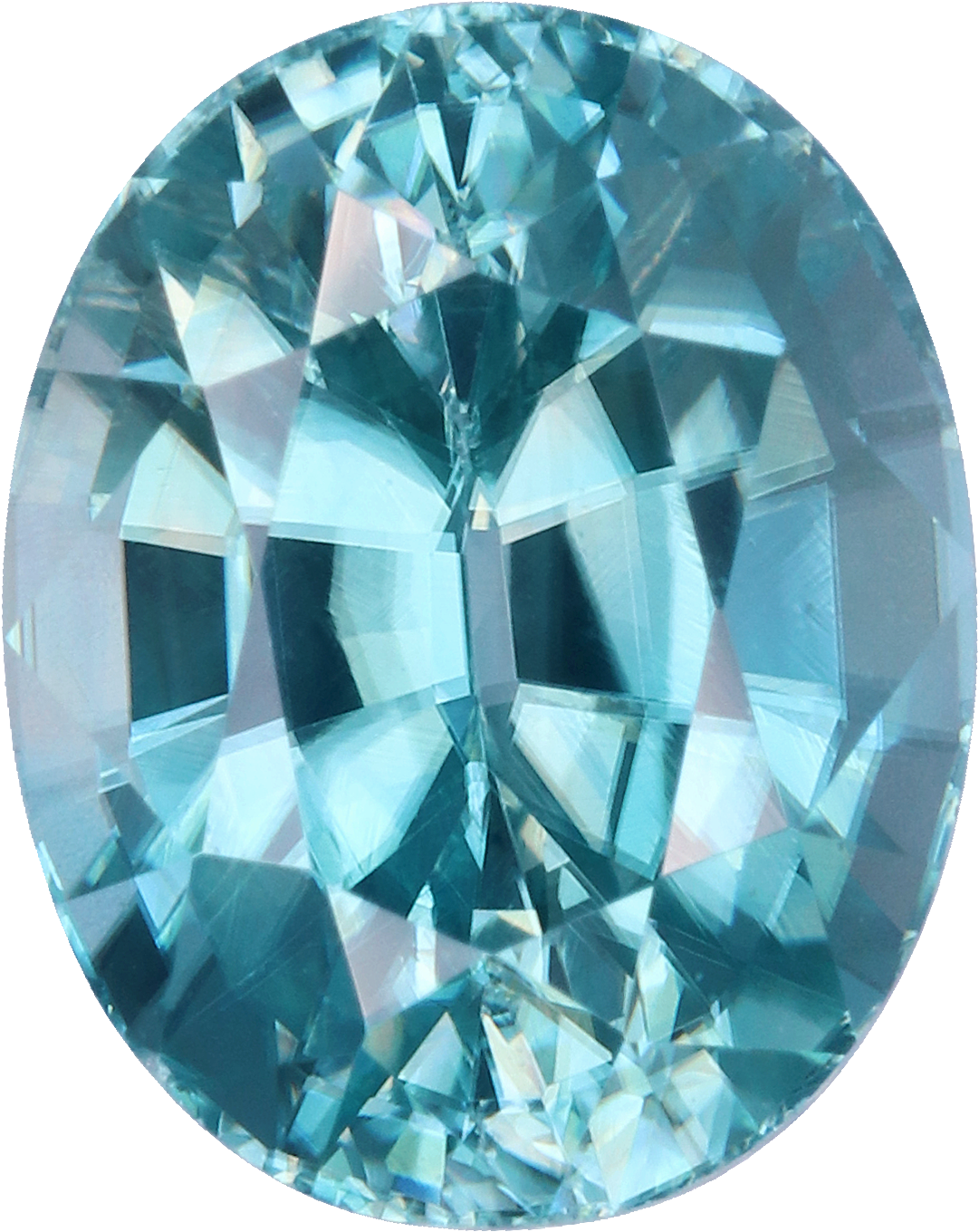 Oval cut blue zircon, 8.91 by 7.16 mm, shown at actual size