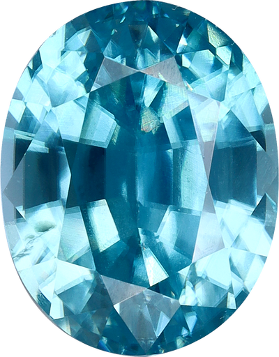 Oval cut blue zircon, 9.16 by 7.18 mm, shown at actual size