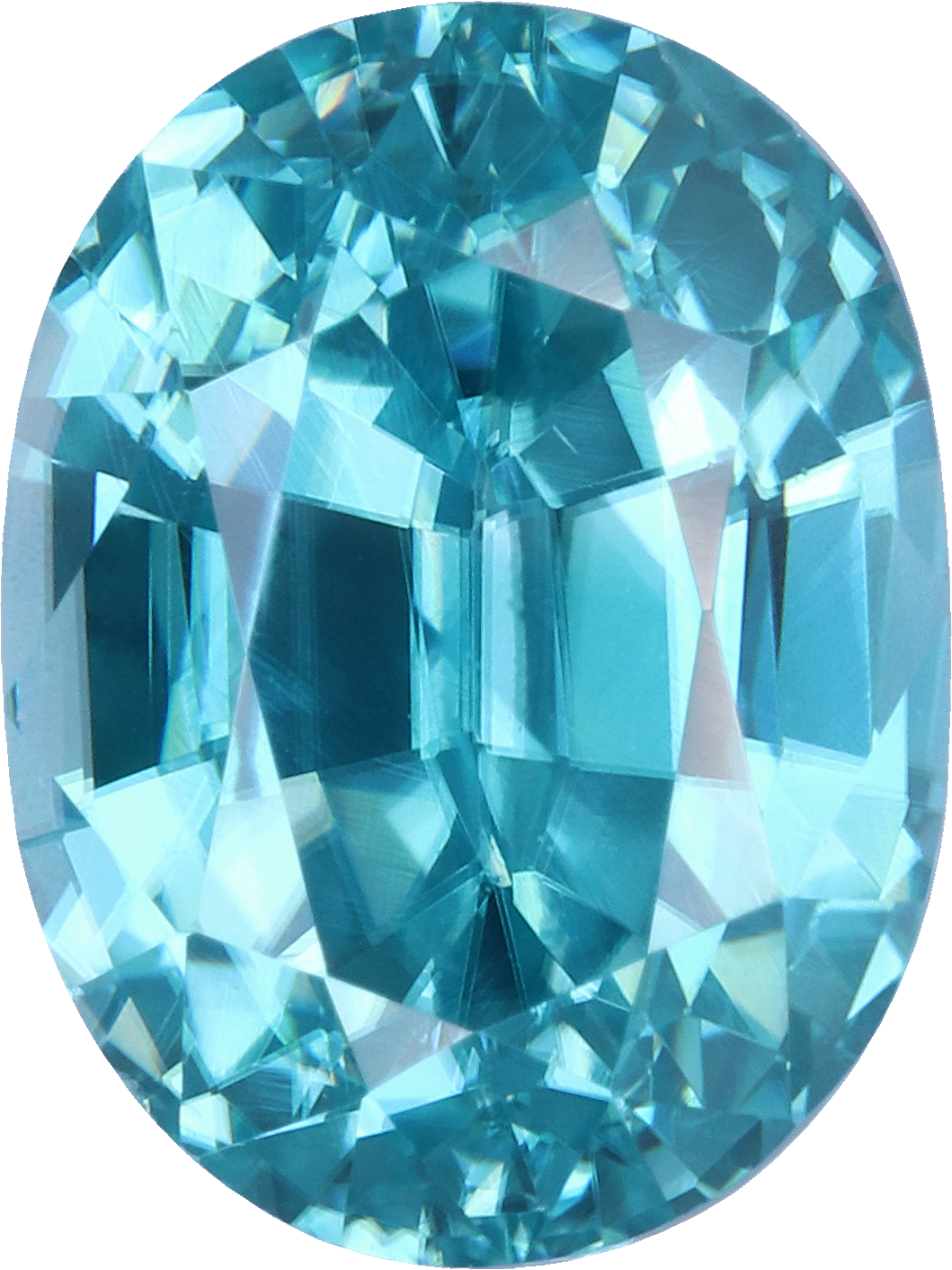 Oval cut blue zircon, 9.09 by 6.78 mm, shown at actual size
