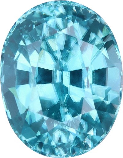 Oval cut blue zircon, 9.1 by 7.13 mm, shown at actual size