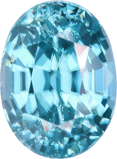 Oval cut blue zircon, 8.98 by 6.67 mm, shown at actual size