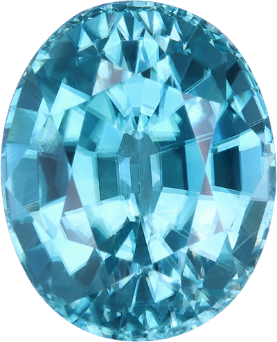 Oval cut blue zircon, 8.71 by 7.08 mm, shown at actual size