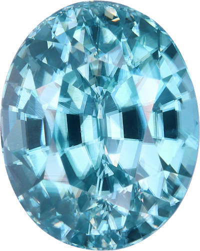 Oval cut blue zircon, 8.8 by 7.06 mm, shown at actual size