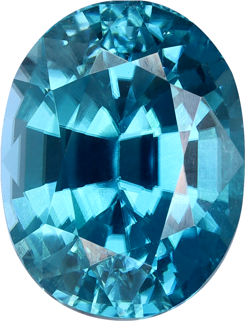 Oval cut blue zircon, 9 by 6.94 mm, shown at actual size