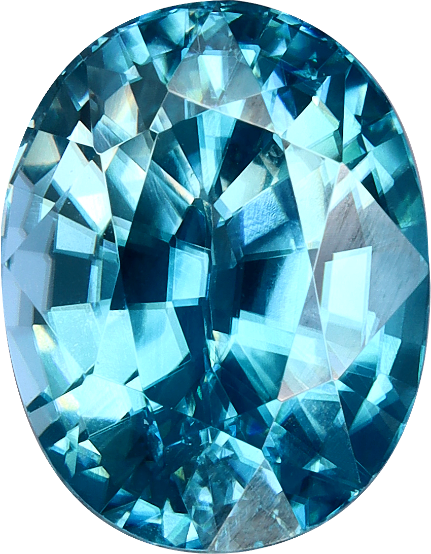 Oval cut blue zircon, 9.12 by 7.07 mm, shown at actual size