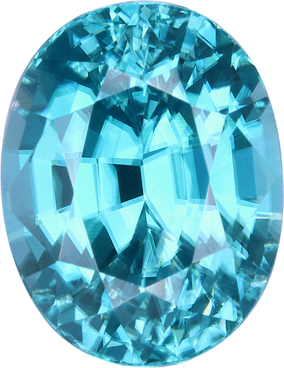 Oval cut blue zircon, 8.8 by 6.8 mm, shown at actual size
