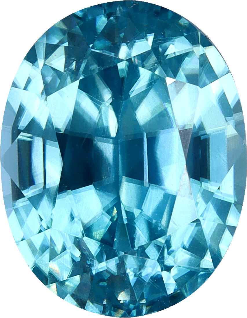 Oval cut blue zircon, 9.14 by 7.15 mm, shown at actual size