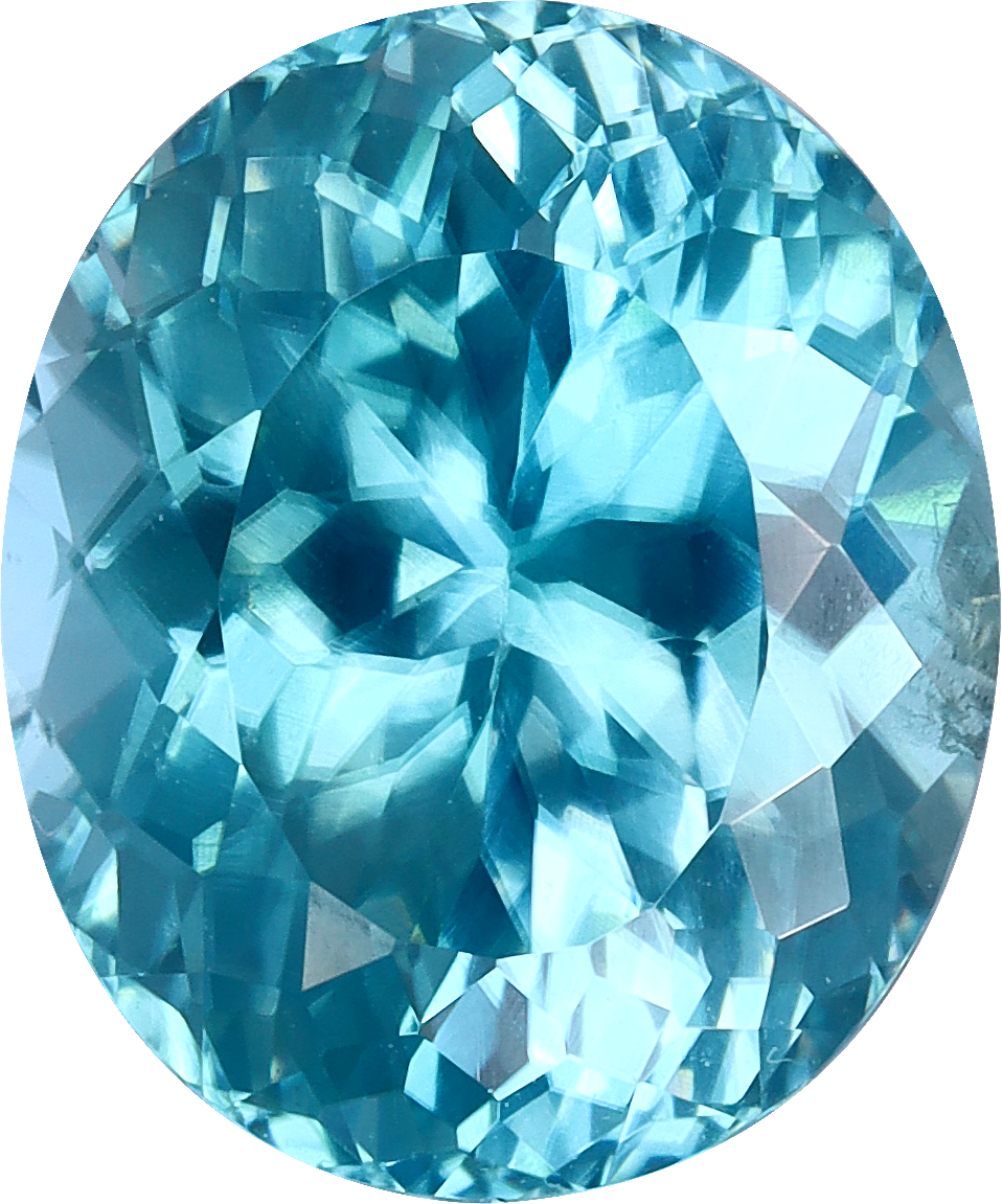 Oval cut blue zircon, 9.72 by 8.1 mm, shown at actual size