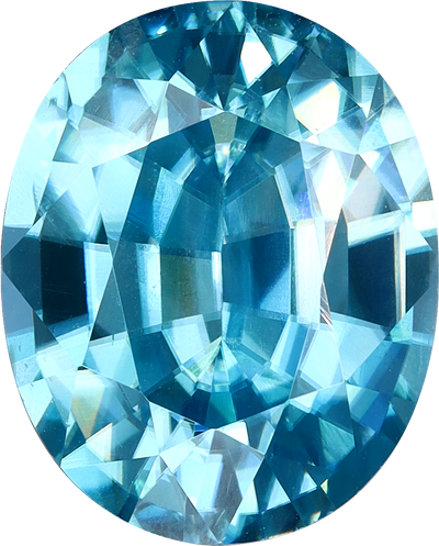 Oval cut blue zircon, 10.11 by 8.1 mm, shown at actual size