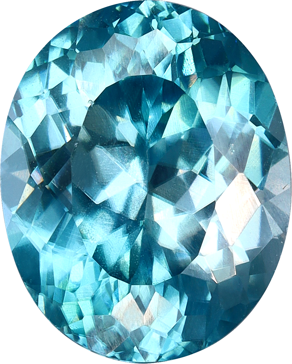Oval cut blue zircon, 10.09 by 8.09 mm, shown at actual size