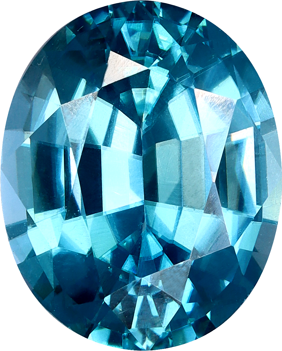 Oval cut blue zircon, 10.11 by 8.1 mm, shown at actual size