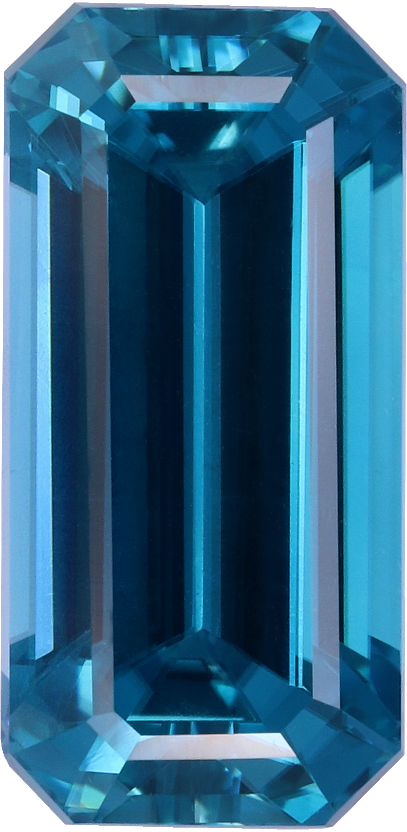 Rectangular cut blue zircon, 12.63 by 6.19 mm, shown at actual size