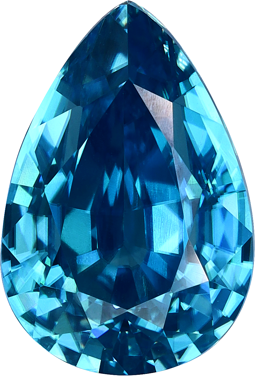 Pear cut blue zircon, 12.2 by 8.29 mm, shown at actual size