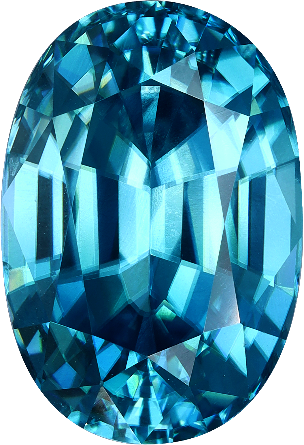 Oval cut blue zircon, 15.23 by 10.46 mm, shown at actual size