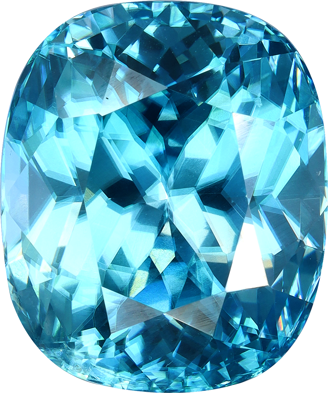 Cushion cut blue zircon, 15.89 by 13.3 mm, shown at actual size