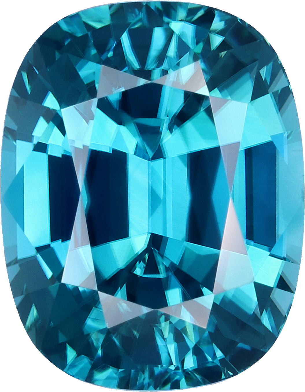 Cushion cut blue zircon, 12.45 by 9.73 mm, shown at actual size